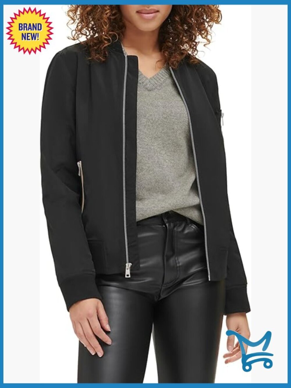 Lightweight Bomber Jacket with Rib Knit Trim, Long Sleeve, Zippered Pockets